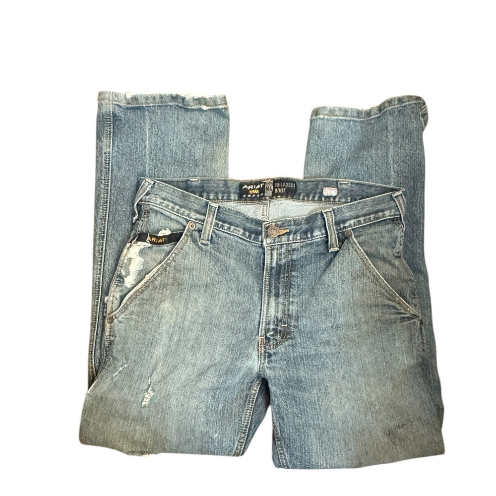 ARIAT REBAR M4 Relaxed Boot Blue Denim Jeans SZ 32X30 Workwear Outdoors Frayed
